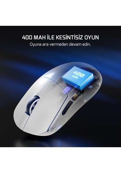 Gamepower Flow Paw3315 16.000dpı Mekanik Switch Kablosuz Beyaz Gaming Mouse Grip Tape Ve Skatez li -