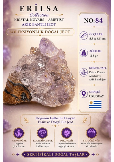 Sertifikalı Doğal Ametist Jeodu Akik Bantlı Kristal Kuvars Açık T