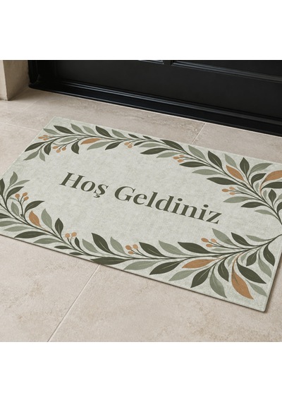 Kartela Halı Hoş Geldiniz Yazılı Yaprak Desenli Kapı Paspası Adaçayı Yeşili 40x60 Cm
