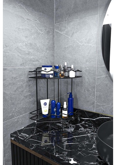 Suntel Ayaklı Dalga Desen İki Katlı Banyo Rafı Siyah