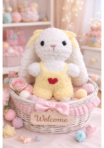 Amigurumi Kadife Örgü Küçük Boy Oyuncak Tavşan Beyaz Boy 20 Cm En 15 Cm Kulak 13 Cm - Sarı