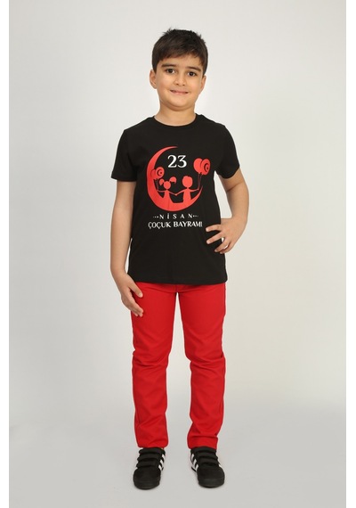 Toontoy Kids Toontoy Unisex Çocuk 23 Nisan Baskılı Tişört Siyah