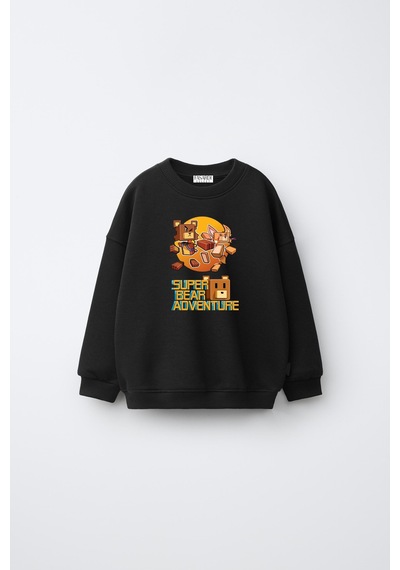 Fasardi Super Bear Adventure Baskılı Oversize 3 İplik Şardonsuz Uzun Kollu Unisex Çocuk Sweatshirt Siyah