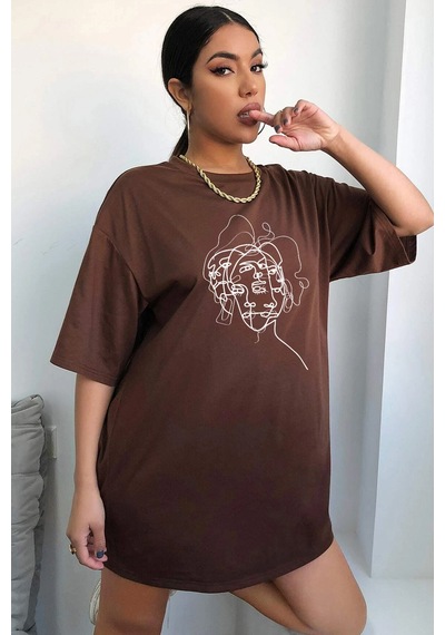 Unisex Woman One Line Baskılı T-shirt Kahverengi