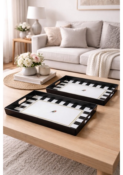 Makri Home 2 Adet Çizgili Desenli Servis Tepsisi 38x28x3,5 Cm, Siyah-beyaz Çok Renkli