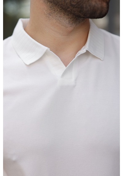 Madmext Beyaz Regular Fit Polo Yaka Triko Erkek Tişört E7502