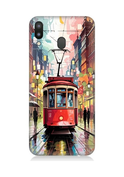 Samsung Galaxy M20 Uyumlu Yağmurda Kırmızı Tramvay Desenli Silikon Kılıf Çok Renkli