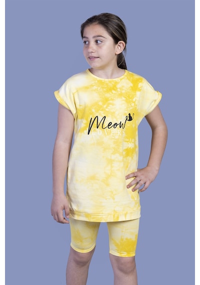 Toontoy Kids Kız Çocuk 2'li Takım Baskılı Bisiklet Yaka T-shirt & Basic Düz Crop Tayt Sarı