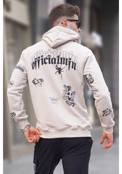 Madmext Bej Baskılı Kapüşonlu Sweatshirt 5895 Bej