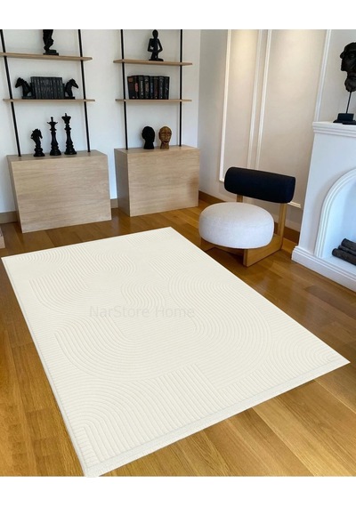 Rölyef Joy Krem Kaymaz Yıkanabilir Taban Kesme Salon Mutfak Halı Yolluk Beyaz