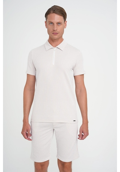 Efor Comfort Fit Fermuarlı Polo Yaka Dikine Çizgili Kısa Kol Bej Tişört Ts 906 Bej