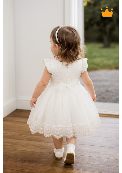Babyhola 0-24 Ay Gofre Tül Etekli Kız Bebek Çocuk Abiye Bayramlık Elbise Saç Bandı Set Pembe 1007 Ekru