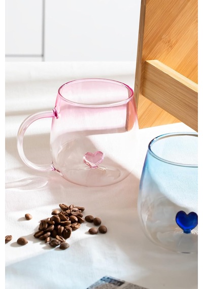 Dream Love Hearts 400ml Romantik Kalp Tasarımlı 2'li Renkli Borosilikat Cam Kupa Seti Çok Renkli, Pbt-707 Beyaz - Çok Renkli