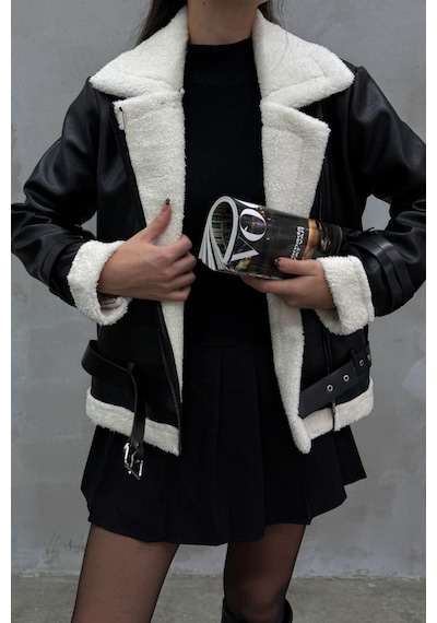 Msm Fashion Kadın İçi Beyaz Kürklü Siyah Kısa Biker Deri Ceket Mont Siyah-beyaz Siyah - Beyaz