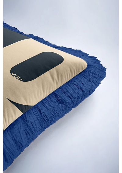 Love Modern Lüx Saçaklı Yastık Kılıfı-navy Geometrik Mavi Bej Kombinasyonlu Püsküllü Kırlent Kılıfı Çok Renkli