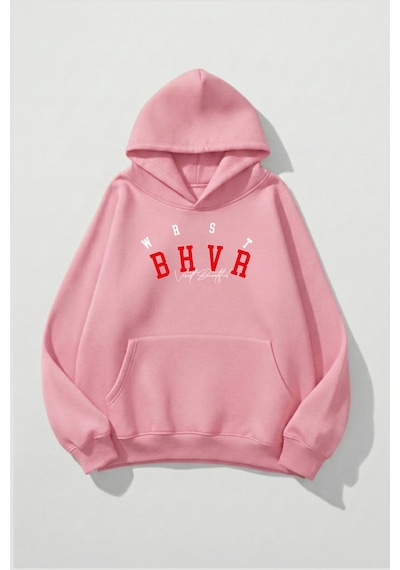 Uyguntarz Unisex Yumuşak Dokulu Wrst Style Baskılı Tasarım Oversize 3 İplik Hoodie Sweatshirt Pembe