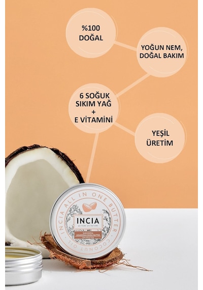 INCIA %100 Doğal Tüm Vücut İçin Butter Yoğun Nemlendirici Krem Hindistan Cevizli Organik Vegan 50 ML