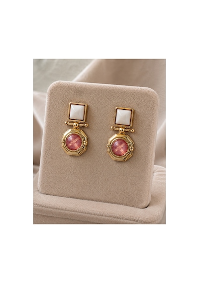 Blair Pembe Taş Detaylı Gold Renk Vintage Stil Premium Şık Küpe Seti Kadın