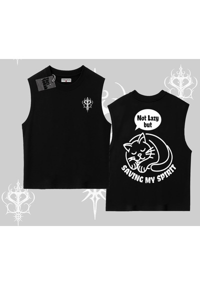 Tarzsokak Not Lazy Saving My Spirit Kedi Baskılı Kolsuz Tshirt Siyah
