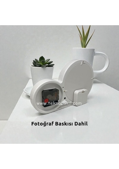 Saatli Sihirli Ayna Led Işıklı Kişiye Özel Fotoğraf Baskılı Fotoğraf Çerçevesi Beyaz