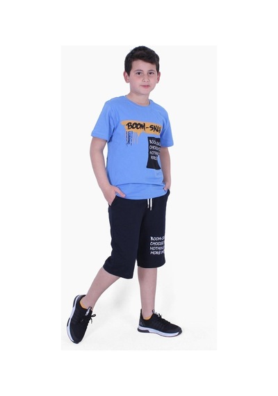 Fyk Kids Boom Sklk Yazı Baskılı Erkek Çocuk Alt-üst Kapri Takım Mavi