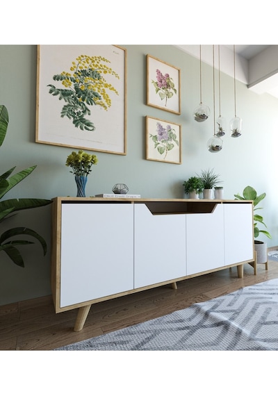 Roma Ahşap Ayaklı Modern Konsol Safir Meşe - Beyaz Roma Ahşap Ayaklı Modern Konsol Safir Meşe - Beyaz