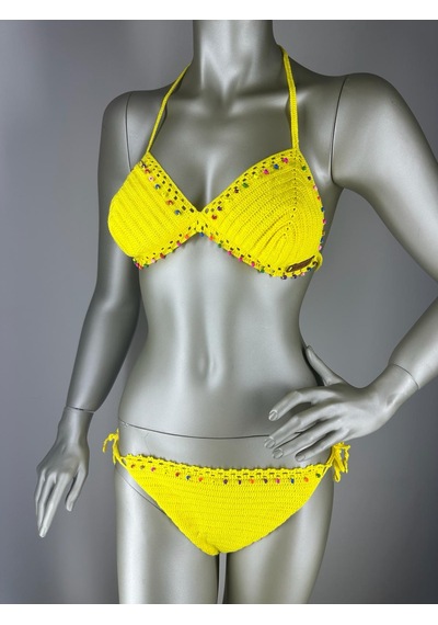 İvita Renkli Boncuk Detaylı Çok Tarz El Yapımı Tığ Örgüsü Bikini Sarı