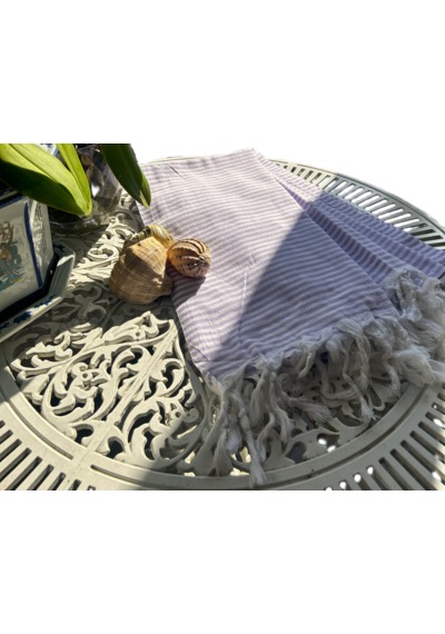 Ağcabay Denizli %100 Pamuklu 100x200cm Boho Stil Lila Çizgili Plaj Ve Havuz Peştemali, Şık Plaj Havlusu Açık Bej - Lila
