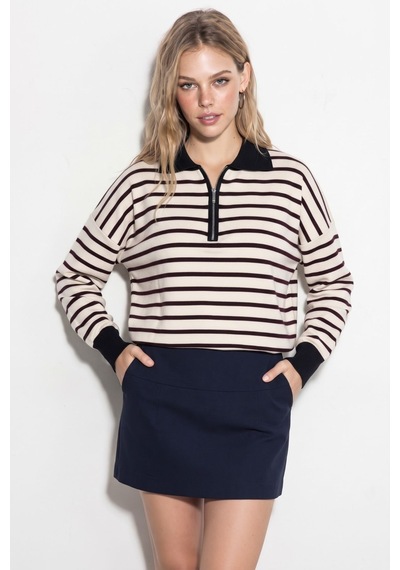 Soft&basic Çizgili Polo Yaka Triko Kadın Kazak Fermuarlı Bordo