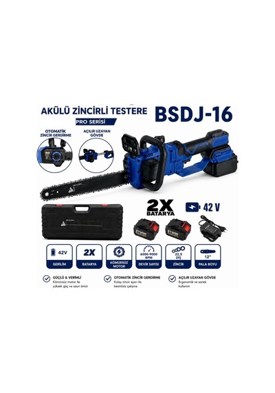 Algaride Bsdj-16 Akülü Zincirli Testere 42v 2 Bataryalı 12" Pala Kömürsüz Motor Otomatik Uzayan Gövde