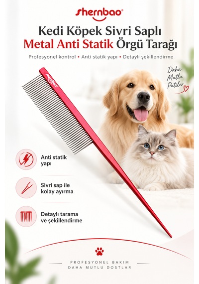 Shernbao Kedi Köpek Sivri Saplı Metal Anti Statik Örgü Tarağı