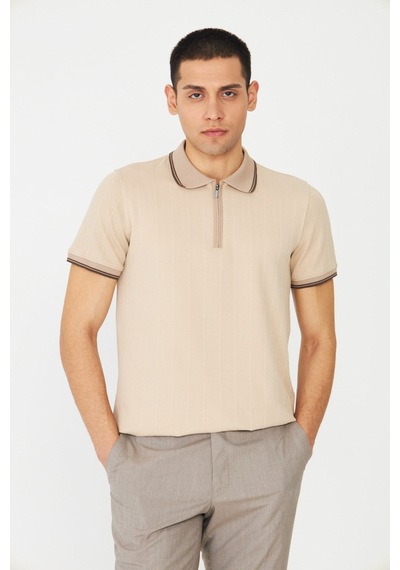 Bej Modern Kesim Fermuarlı Polo Yaka Erkek T-shirt Bej
