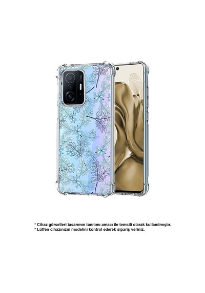 Vivo Y16 Uyumlu Köşe Korumalı Floral Mavi Tasarımlı Şeffaf Silikon Kılıf