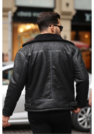 Erkek Napa Deri Içi Full Kürklü Slim Fit Mont & Ceket Siyah