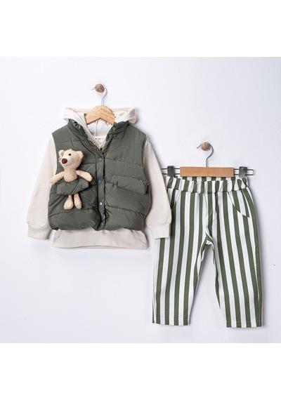 Harika Kids Erkek Bebek 3 Lü Takım 9-24 Ay Şişme Yelek %100 Pamuk Sweatshirt Gabardin Pantolon Yeşil