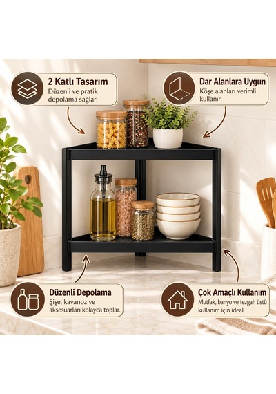 2 Katlı Modüler Üçgen Köşe Rafı Siyah 34x46x41 Cm Çok Amaçlı Çok Renkli