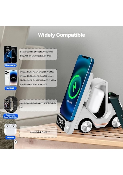 T20 15w 5 İ 1 Arada Magsafe Kablosuz Şarj İstasyonu, Dijital Saatli Forklift Tasarım, İphone 16/15/14/13/12, Apple Watch, Airpods Uyumlu Masaüstü Hızlı Şarj Standı Beyaz