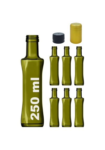 Kalın Cam Şişe Seti, 250 Ml, Yağdanlık Akıtıcılı Kapaklı, Yağlık Ve Sirkelik, Kapüşonlu, 6 Adet, Yeniden Kullanılabilir Yeşil, Geolive Kavisli Çok Renkli