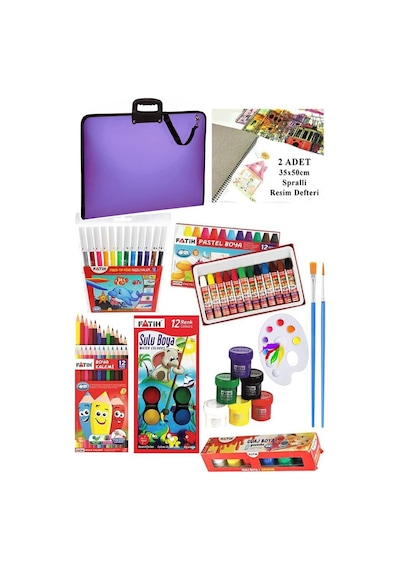 Öğrenci Boyama Seti 11 Parça 1 Paket 35x50 Resim Çantası Resim Defter Fatih Sulu Boya Kuru Boya Pastel Boya Keçeli Kalem Lila