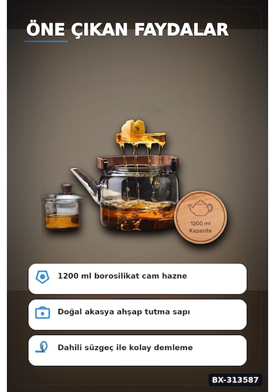 Borosilikat Cam Demlik 1200 Ml Akasya Saplı Süzgeçli Bulaşık Makinesinde Yıkanabilir Bx-313587 Diğer