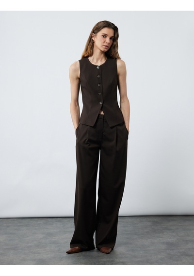 Koton Slim Fit Bisiklet Yaka Düğmeli Peplum Blazer Yelek Kahverengi 7wak20005pw Kahve