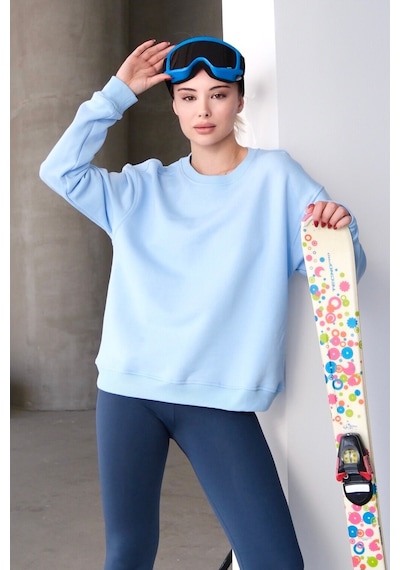 Justever Bisiklet Yaka Basic Kalıp Mavi Kadın Sweatshirt Eşofman Üstü - Aura Mavi