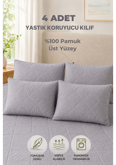 Formeya Pamukkale Alez Gri %100 Pamuk Kapitone Yastık Koruyucu Alez 4 Adet 50X70