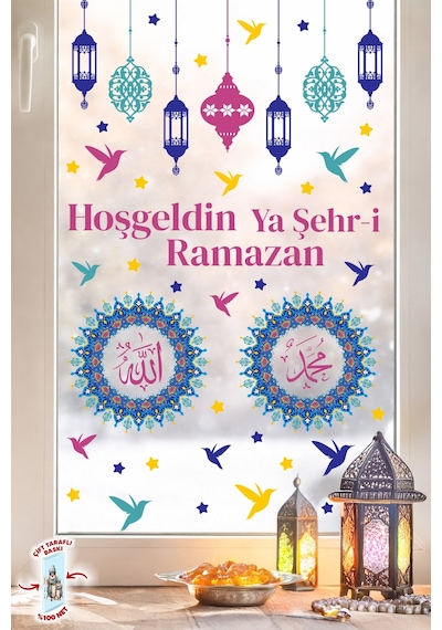 Ramazan Cam Sticker Seti Çift Taraflı Hoşgeldin Ya Şehr-i Ramazan Pencere Süsü Ramazan Ayı Özel Dijital Baskı