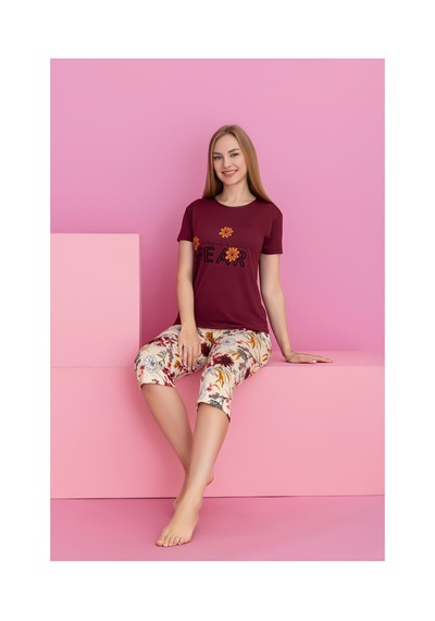 Rindahomewear Kadın Kapri Kısa Kol Vıskon Çiçek Baskı Pijama Takım Bordo