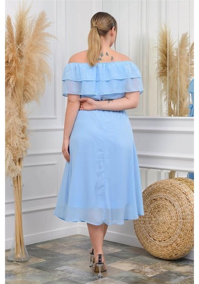 Dip Moda Kadın Şifon Kuşaklı Büyük Beden Elbise Dpnb8061 Bebe Mavisi Bebek Mavisi