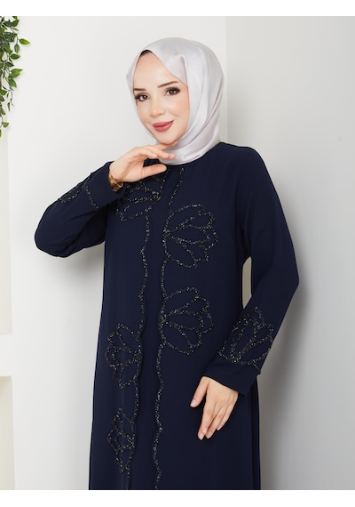 Eslemnur Lotus Çiçek Taşlı Büyük Beden Anne Elbisesi Lacivert