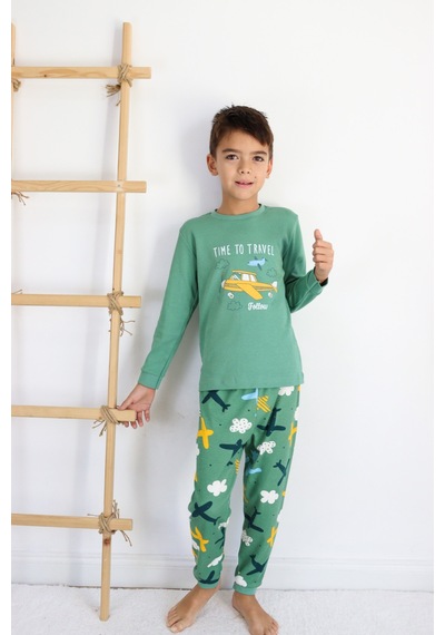 Harika Kids Erkek Çocuk Baskılı İnterlok Kumaş Uzun Kollu Pijama Takımı Yeşil