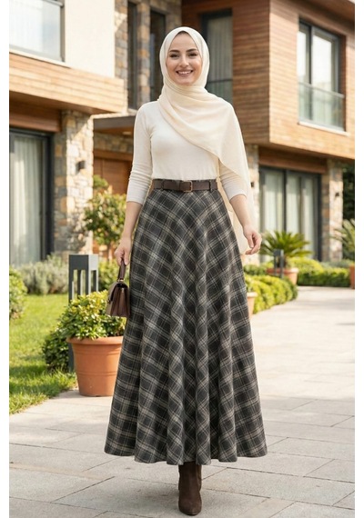 Hb Harma Time Butik Kadın Siyah Ekose Desenli Etek Siyah Siyah