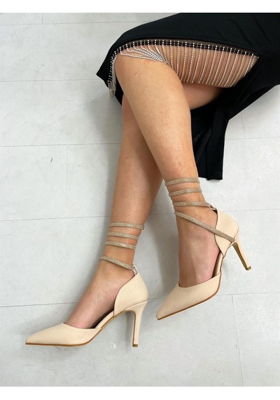 Ervanın Butiği Bej Saten Brice Taş Detay Bilek Bağlamalı Kadın Stiletto-4208